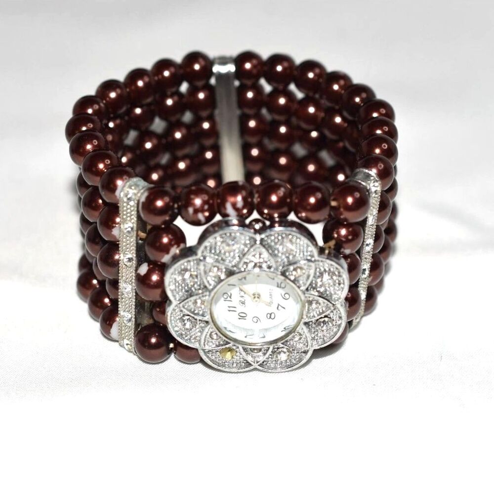 BNH Floral  Dark Brown Faux Pearl Rhinestone Accents 7" Stretch Working Watch